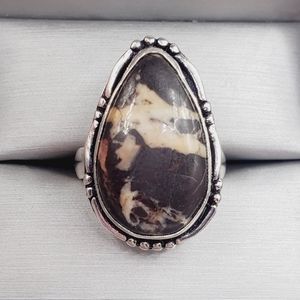 Genuine Pear Bezel Set White Buffalo Turquoise 925 Sterling Silver Vintage Ring